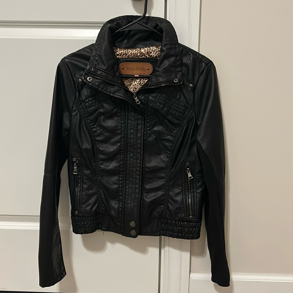 Faux leather jacket, cheetah print lining